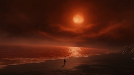 Solitary figure walks along beach at sunset