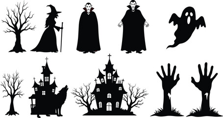 Halloween vector set featuring witches, vampires, ghosts, haunted houses, spooky trees, zombie hands, wolves, and eerie Halloween silhouettes.