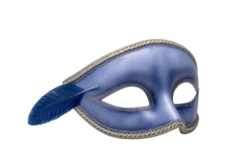 Blue venetian masquerade mask with feather isolated on transparent background