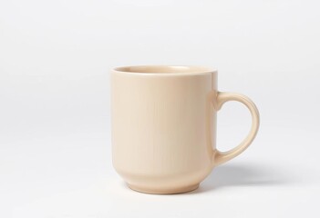 Obraz premium Sleek beige ceramic coffee mug, side view, isolated on white background, smooth, product