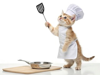 Adorable kitten cook with frying pan and spatula, happy face. White background.
