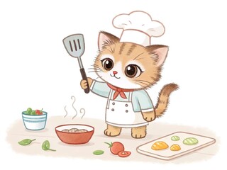 Playful kitten dressed as a chef holding whisk and bowl. Isolated on white.