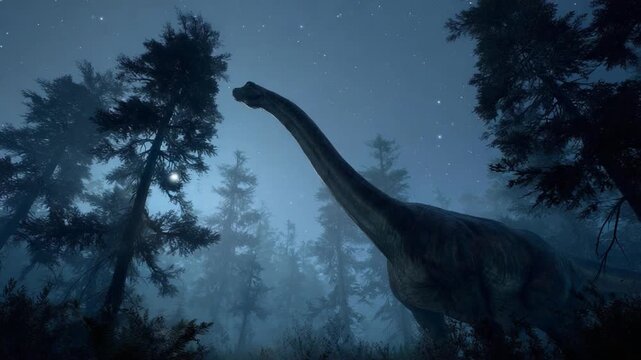 Dinosaur Silhouette under a Starry Sky: A captivating nightscape showcases a majestic dinosaur silhouette against a backdrop of twinkling stars, surrounded by the imposing silhouettes of trees.