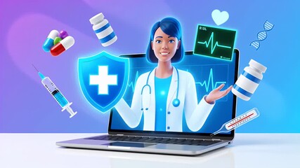 Empathetic doctor offers virtual healthcare consultation on laptop screen surrounded by medical icons and data - Powered by Adobe