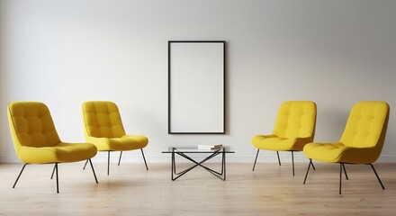 Fototapeta premium Modern yellow chairs arranged in a minimalistic lounge setting