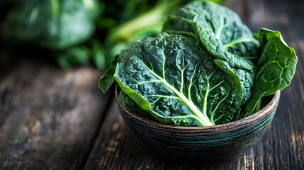 Collard greens shot with selective focus on wooden table