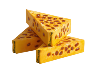 Three wedges of yellow fruit with brown seeds isolated on transparent background