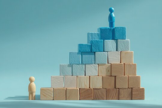 Wooden blocks form a stairway with a small figure at the top, another at the bottom