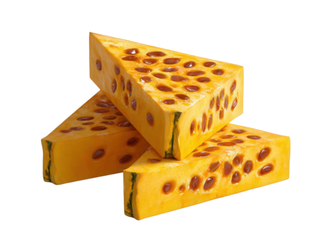 Three wedges of yellow fruit with brown seeds isolated on transparent background - Powered by Adobe