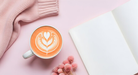 Cozy autumn vibes latte art sweater notebook pink background aesthetic