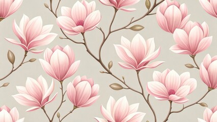 Delicate pink magnolia flowers blooming on delicate branches in a seamless repeating floral pattern