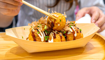 Close up Delicious Takoyaki Street Food Displayed on Wooden Boat Plate