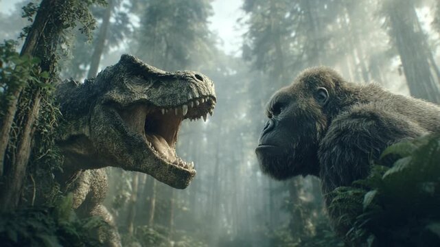 Jurassic Showdown: A towering Tyrannosaurus Rex faces off against a colossal gorilla, set against a backdrop of a prehistoric jungle, the scene teeming with ancient life.