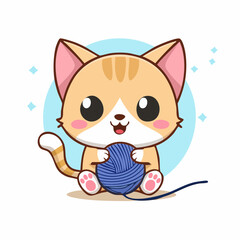 Fototapeta premium Vector illustration of a cute kawaii cat character with big shiny eyes and a thick bold outline, happily playing with a blue ball of wool