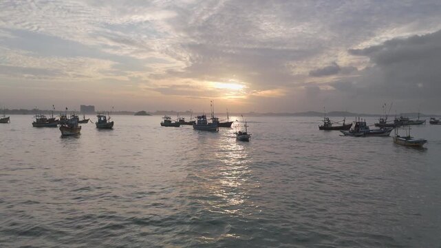 Sunrise Drone Push In of Fishing Boats Anchored at Weligama Bay Sri Lanka