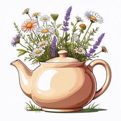 Teapot centerpiece with white daisies and purple lavender a fresh spring bloom