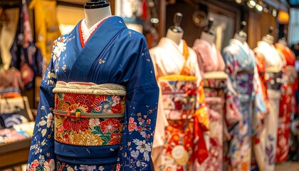 Vibrant Kimonos on Display in Japanese Market.