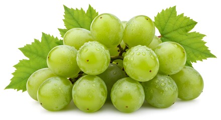 Fresh Green Grapes with Dew Drops and Leaves, Close-up