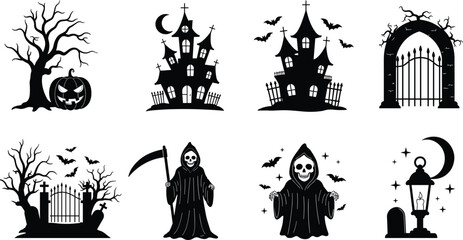 Halloween vector set with haunted houses, spooky trees, creepy gates, grim reaper figures, cemetery lanterns, bats, moons, and spooky graveyard elements.