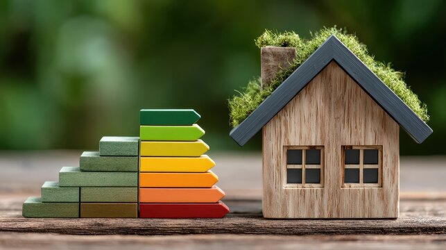 Wooden house model alongside color blocks showing improvement in energy efficiency ratings on a wooden surface against a blurred green backdrop - Powered by Adobe