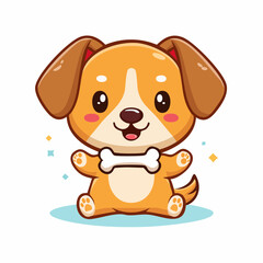Fototapeta premium Charming kawaii puppy character sitting happily while holding a bone. This adorable chubby dog cartoon has a thick outline and is isolated on a white background