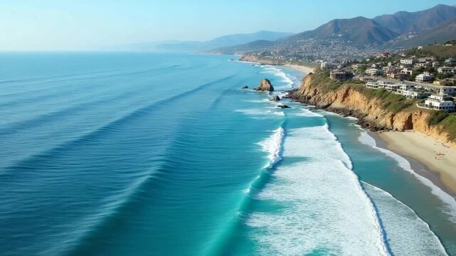 4K Aerial drone shot of Malibu Beach coastline in California. The blue Pacific Ocean with waves coming in and beach with nice houses on the background.