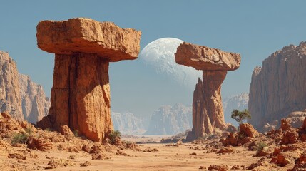 Desolate arid landscape features two tall stone monoliths and rocky outcrops against a mountainous horizon