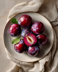 top view of a ceramic plate with ripe plums