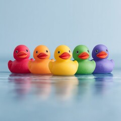 Five colorful rubber ducks on a reflective surface.