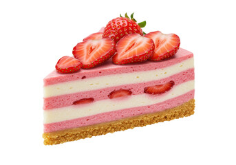 Isolated slice of strawberry cheesecake, sweet dessert with creamy strawberry layers, crumbs