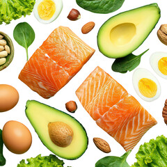 Healthy Food Flat Lay: Salmon, Avocado, Eggs, Nuts, and Greens