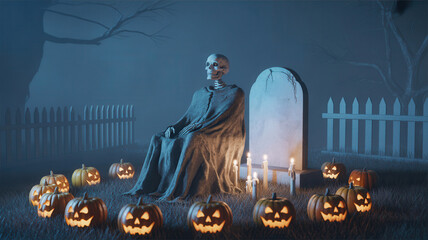 Spooky skeleton guardian watches over glowing jack-o'-lanterns and a weathered tombstone in a foggy, moonlit graveyard, perfect for Halloween celebrations and eerie themes.
