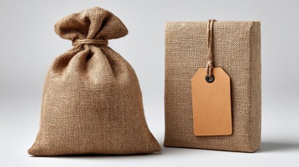 Burlap sack and present box tied with twine and tag on a neutral backdrop offer a rustic and natural aesthetic for gift giving or storage ideas