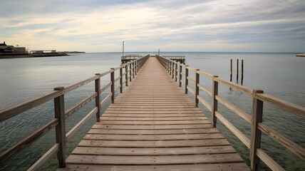 Obraz premium Wooden Pier with Railings Extending into Calm Sea