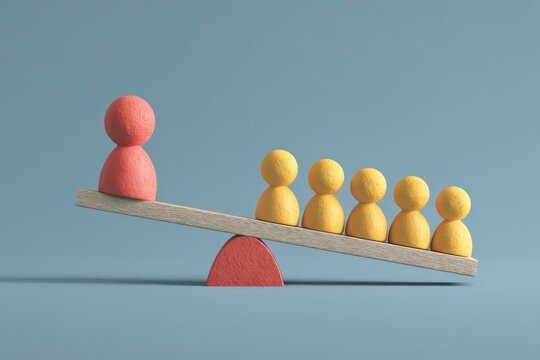 A seesaw with one red figure balanced against several yellow figures