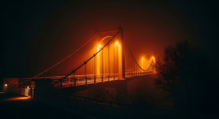 Fototapeta premium Suspension bridge illuminated at night with orange lights in foggy atmosphere