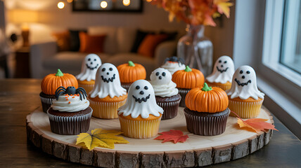 A collection of halloween themed cupcakes decorated as ghosts pumpkins and spiders on a wood slice .