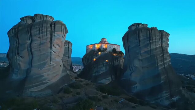 A serene view of a historic Meteora monastery glowing at dusk, a spiritual sanctuary built on towering sandstone cliffs in Greece