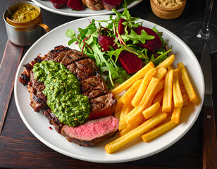 Appetizing Grilled Steak with Chimichurri Sauce and Fries Still Life