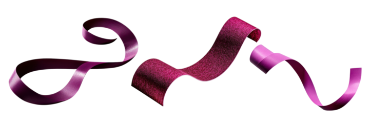 Elegant crimson satin ribbon curves and swirls playfully on black background on transparent background