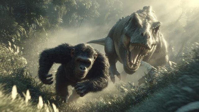 Roaring Titans: A dynamic and cinematic image of an intense jungle chase unfolds as a fierce gorilla and a mighty T-Rex engage in a high-stakes pursuit.
