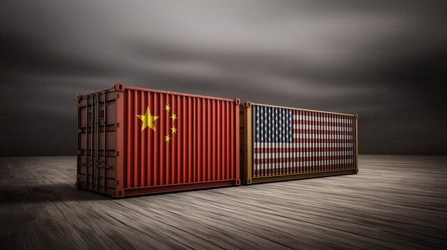 Freight containers painted with USA and China flags on dim floor