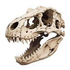 Naklejka premium A detailed close-up of a Tyrannosaurus Rex skull, showcasing its teeth and bone structure against a white background.