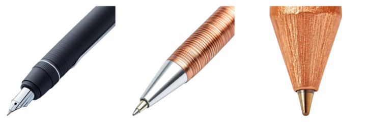 Elegant pen assortment showcasing black, copper, and texture variations, isolated on transparent background