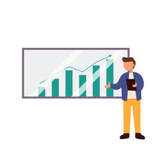 Illustration of a businessman presenting a bar chart with upward growth