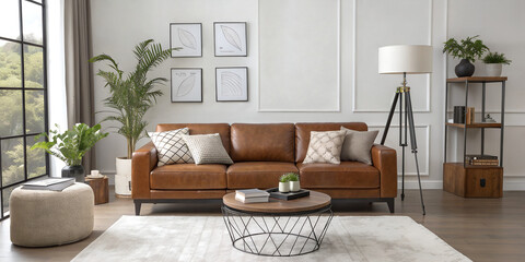 Fototapeta premium Modern minimalist living room with brown leather sofa, wooden coffee table, floor lamp, indoor plant, and stylish home décor