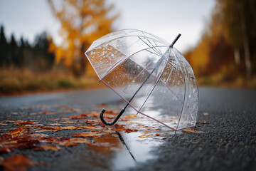 a transparent umbrella lies on wet asphalt strewn with autumn leaves
