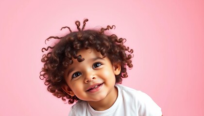 Fototapeta premium Curly-haired toddler in white shirt, playful pose against pink backdrop, cheerful, backdrop