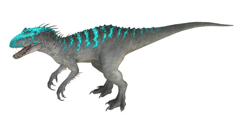 Blue-striped dinosaur in a striking pose
