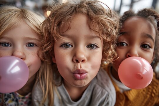 Three kids blow bubbles from their mouths while eating lollipops - Powered by Adobe
